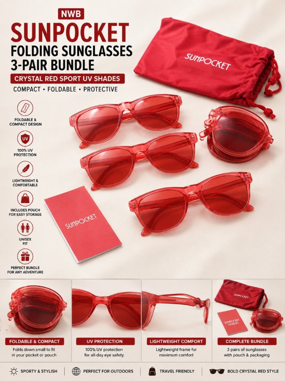 NWB Sunpocket Folding Sunglasses 3-Pair Bundle Crystal Red Sport UV Shades